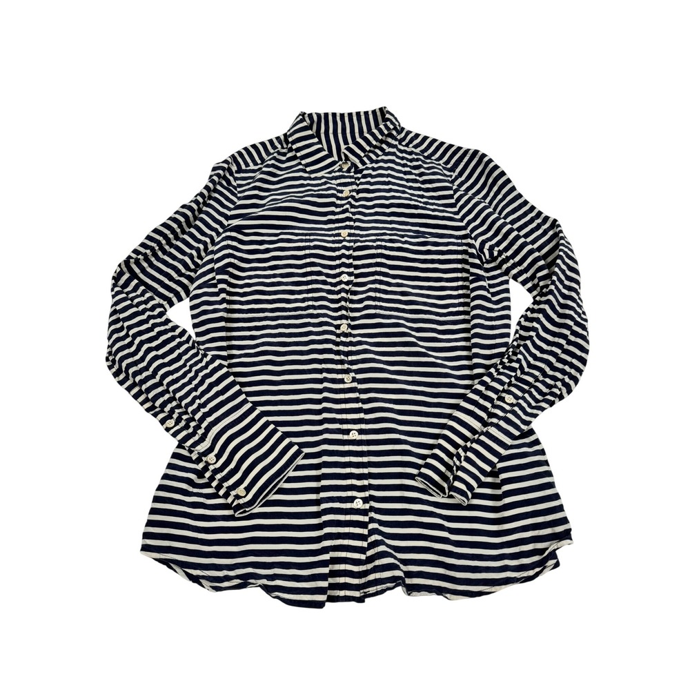 J.Crew The Boy Shirt Navy White Striped 100% Silk Button Down Size 10